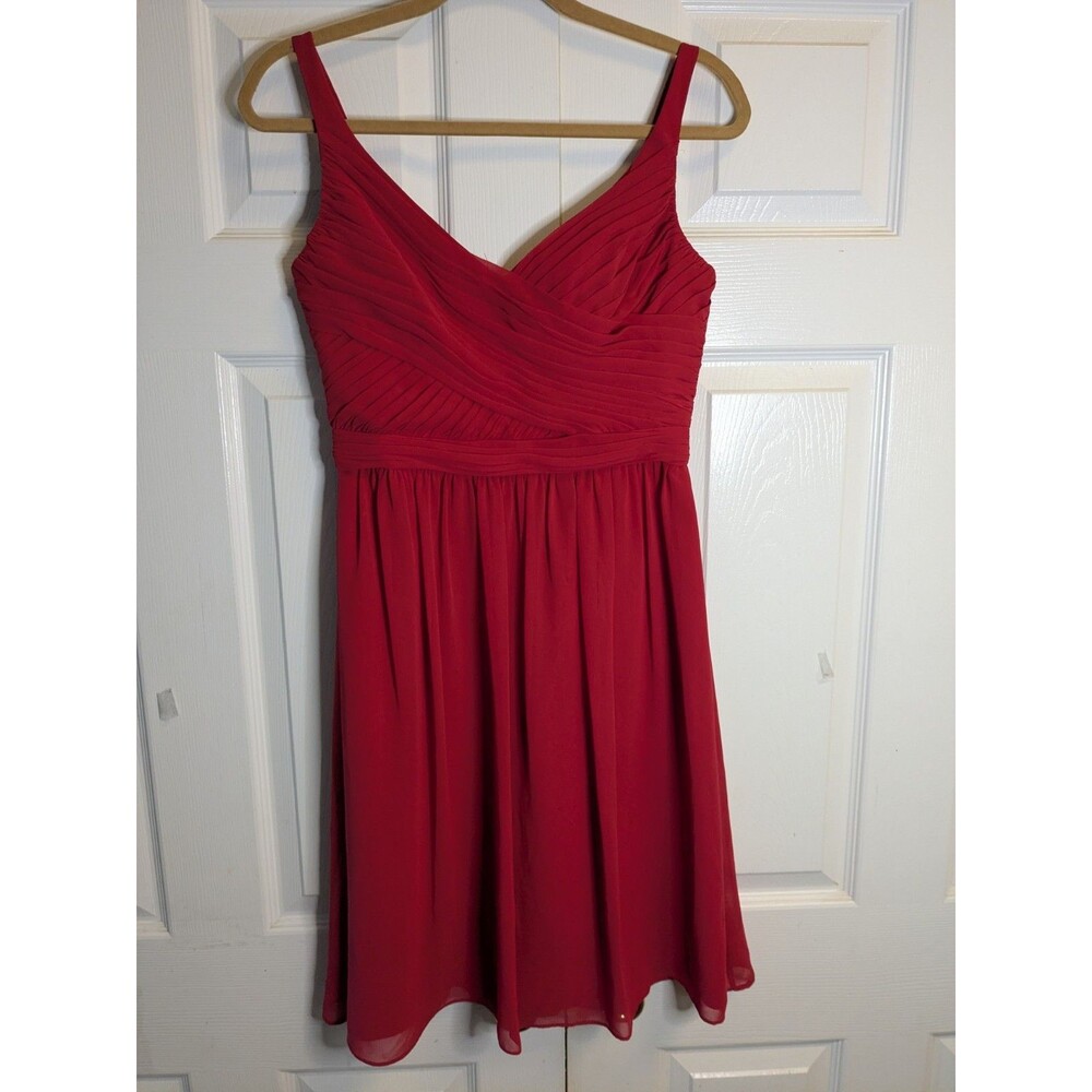 Red Bridesmaid Dress Size 4 Chiffon Formal Wedding Prom V-Neck David’s Bridal